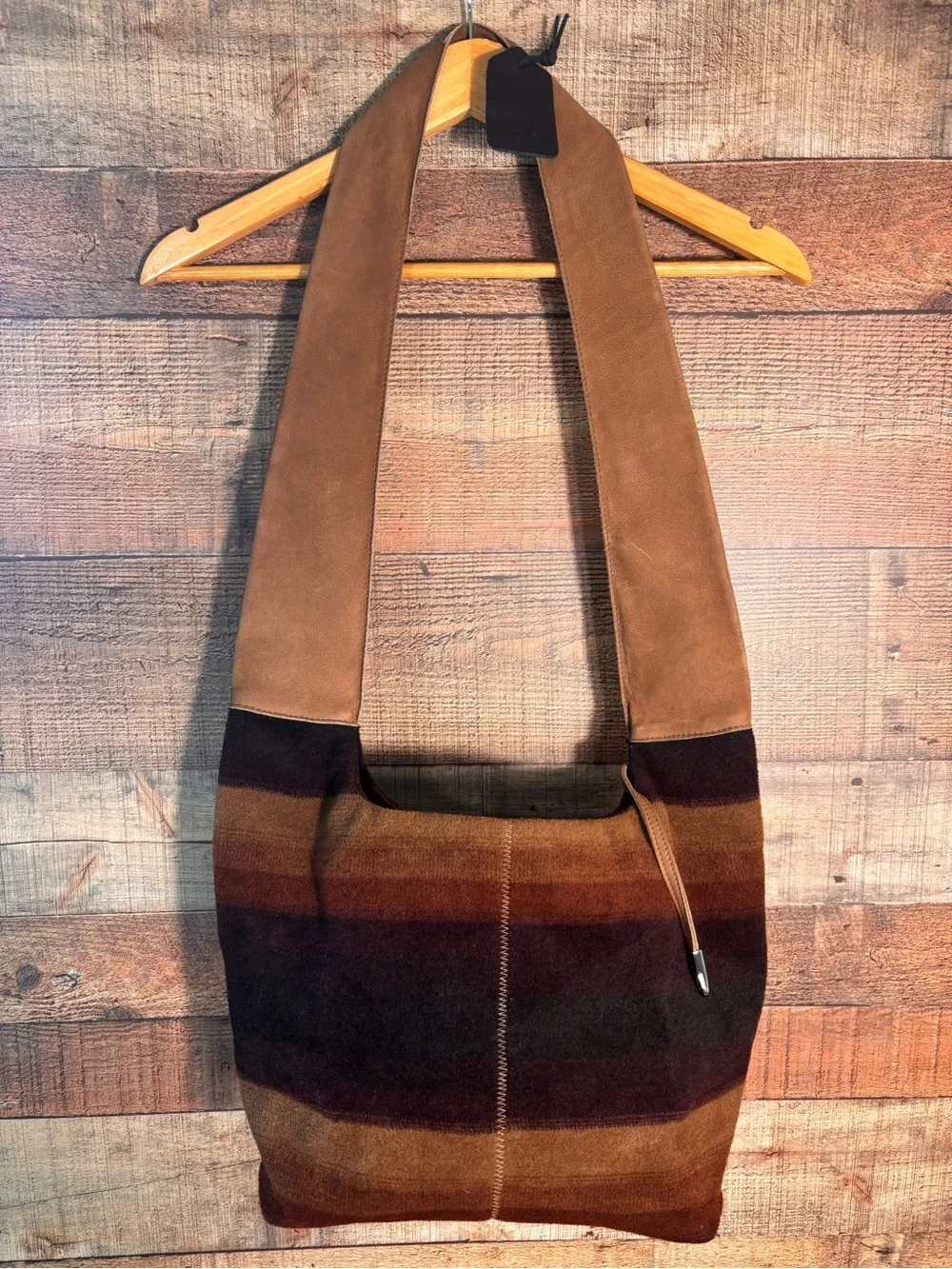 Arche France Brown Leather Wool Hobo Satchel Purse Striped Modern Bohemian $429